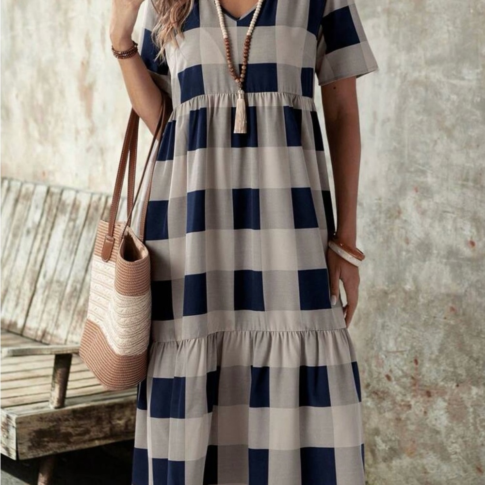 SHEIN Navy and Beige Plaid Maxi Dress
